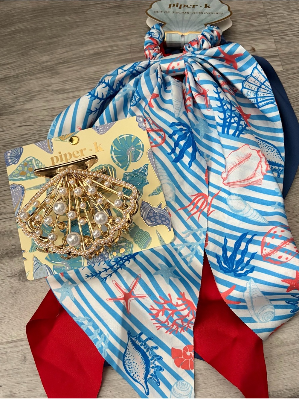 Piper.k Red, Blue & White Scarf Scrunchie Set with Gold Seashell Hair Claw